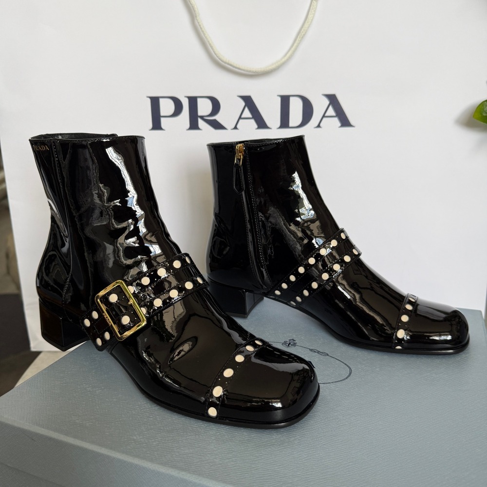 Prada 1T817N Women's Black Patent Leather Beaded Ankle Boot, sz 37.5 - Picture 5 of 16